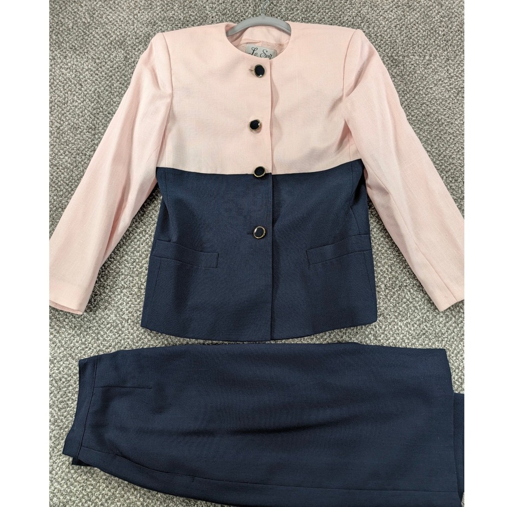 Le Suit Skirt Set Pink Navy Blue Size 10 Blazer Pencil Skirt Professional 2pc